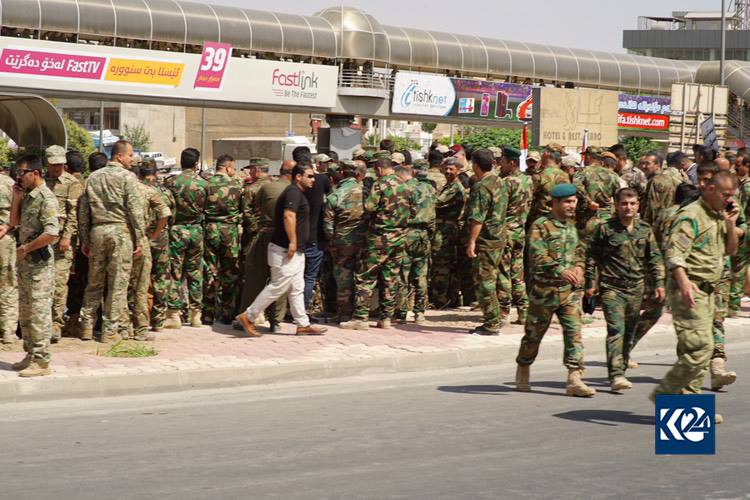 Peshmerga, security, and police forces protest in Sulaimani against Iraqi Parliament's decision to void their votes, June 13, 2018. (Photo: Kurdistan 24/Ibrahim Fatah)